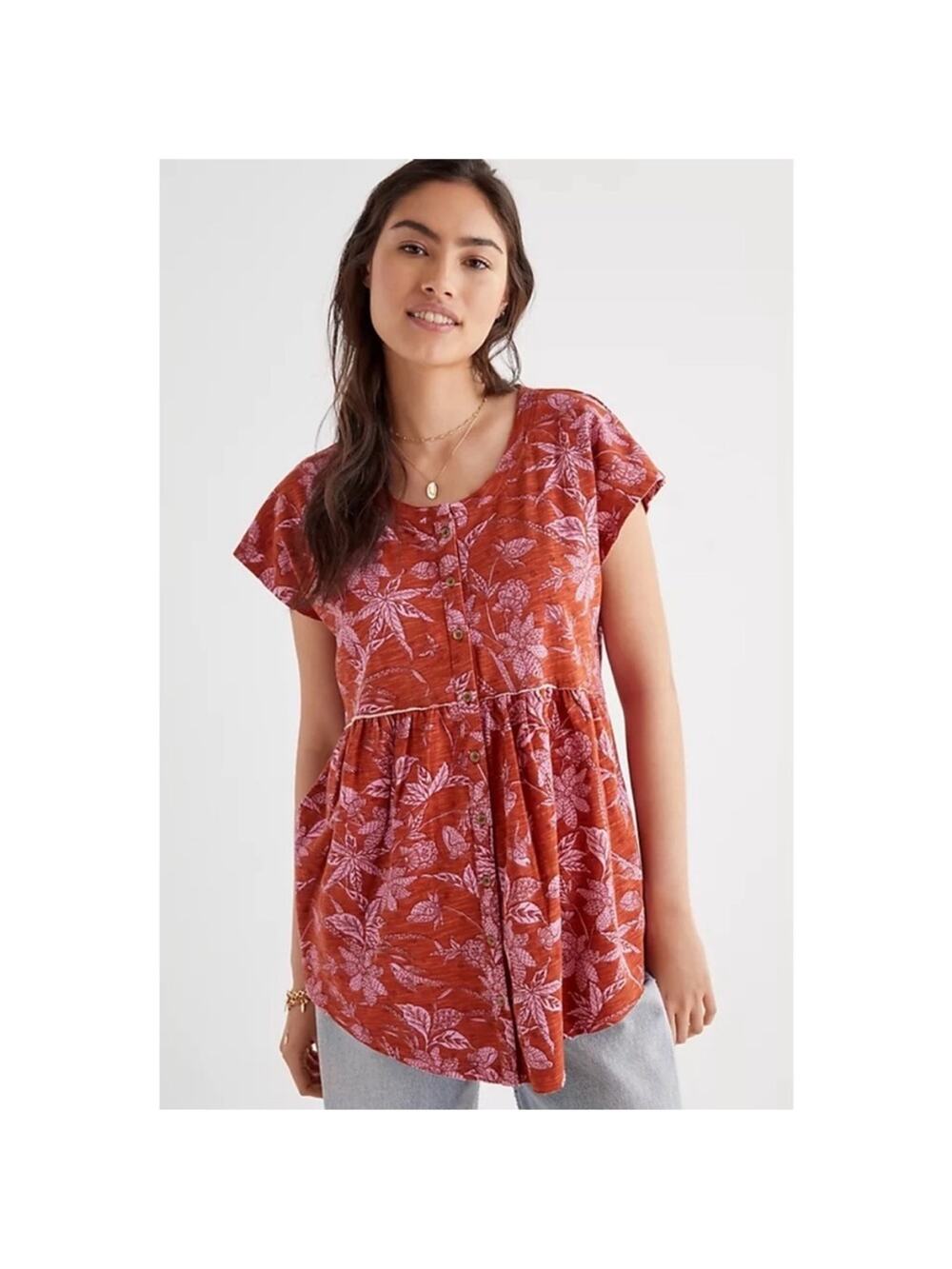 NWOT Anthropologie Pink Tropical Floral Washed Babydoll Top Button Front S
